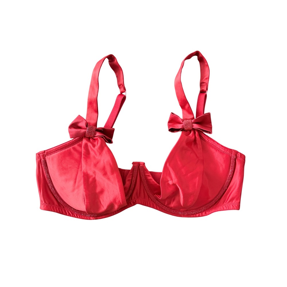 Victorias Secret Red Satin Bow Rhinestone Unlined Balconette Bra Small DD